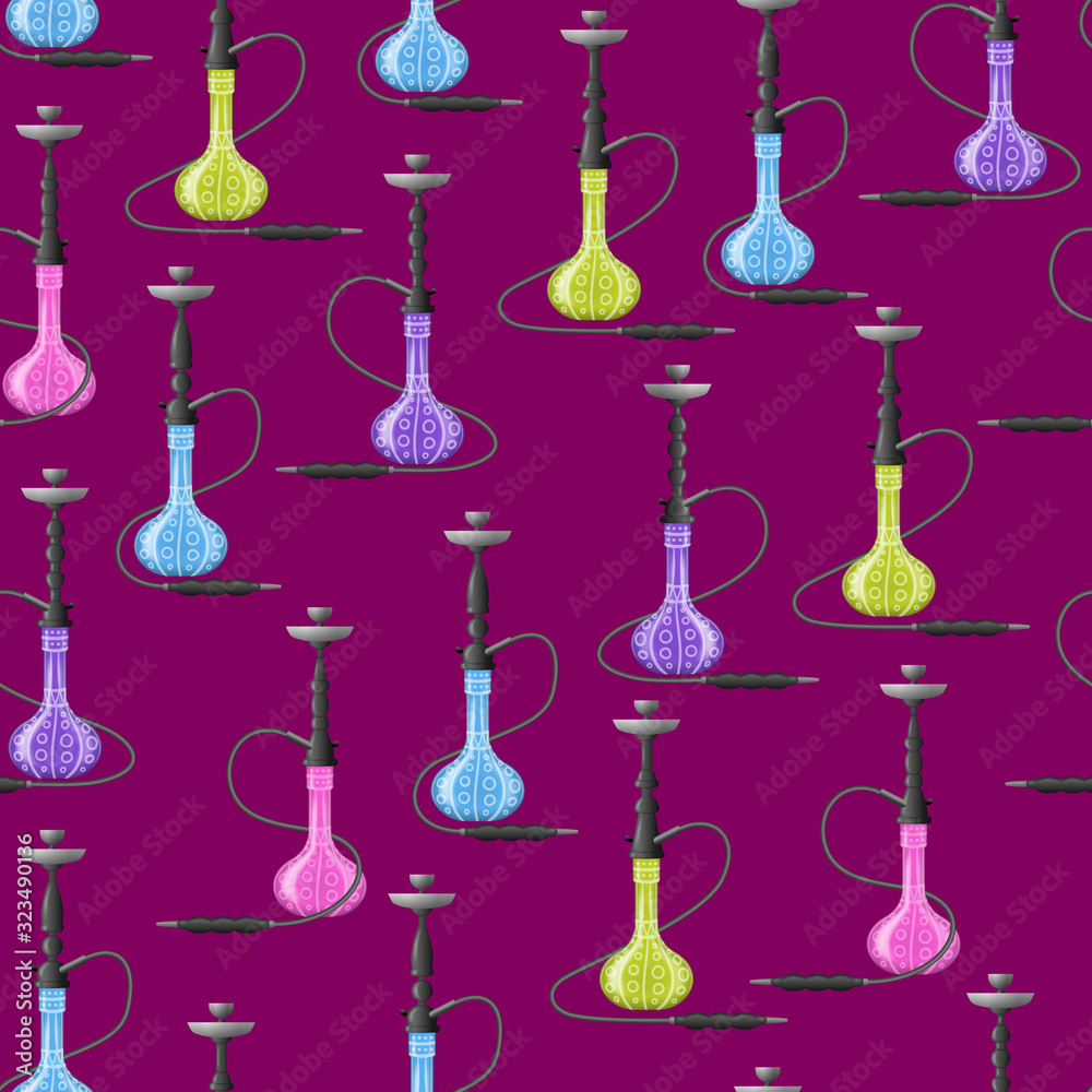 Realistic 3d Detailed Hookah with Smoking Pipe Seamless Pattern Background. Vector Realistic 3d Detailed Hookah with Smoking Pipe Seamless Pattern Background. Vector