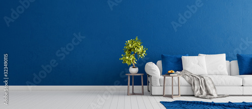 Blue concrete wall with white modern furniture, minimal interior design, 3d render, 3d illustration	