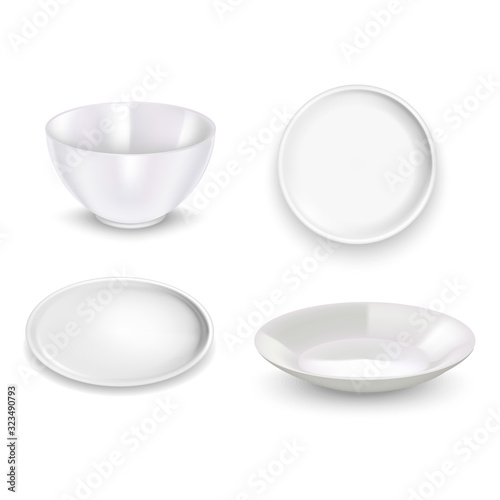 Realistic Detailed 3d White Blank Plates Template Mockup Set. Vector