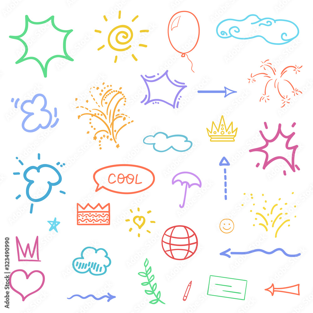 Hand drawn symbols and shapes. Colorful outlined elements on isolation background. Sketchy doodles on white Hand drawn symbols and shapes. Colorful outlined elements on isolation background. Sketchy doodles on white