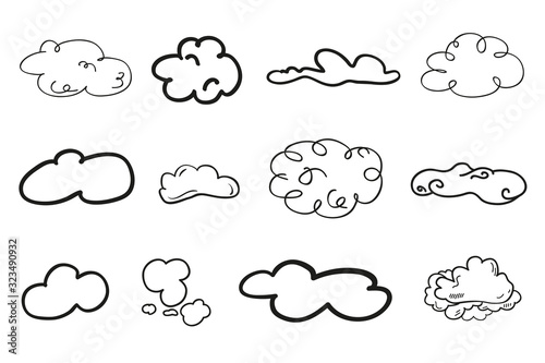 Clouds on isolated white background. Doodles on white. Hand drawn line art. Nature concept