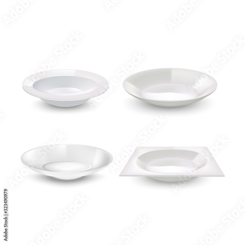 Realistic Detailed 3d White Blank Plates Template Mockup Set. Vector
