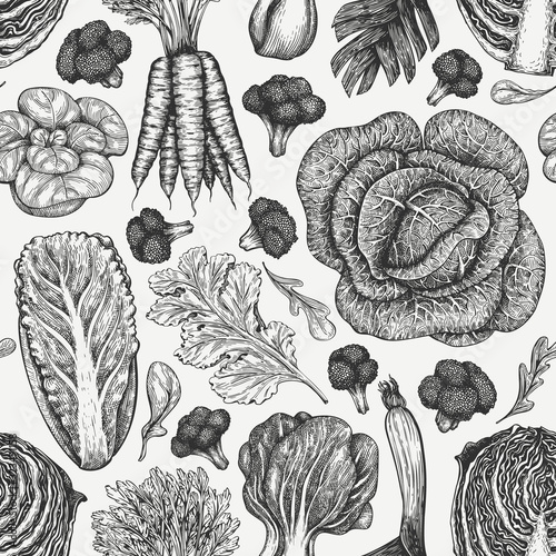 Hand drawn sketch vegetables. Organic fresh food vector seamless pattern. Retro vegetable background. Engraved style botanical illustrations.