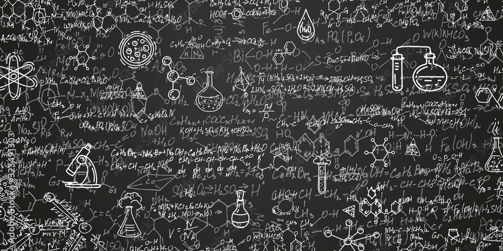 Chemical formulas on a black background .School writing board .Scientific research - vector . - obrazy, fototapety, plakaty 