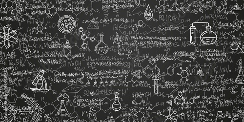 Chemical formulas on a black background .School writing board .Scientific research - vector .