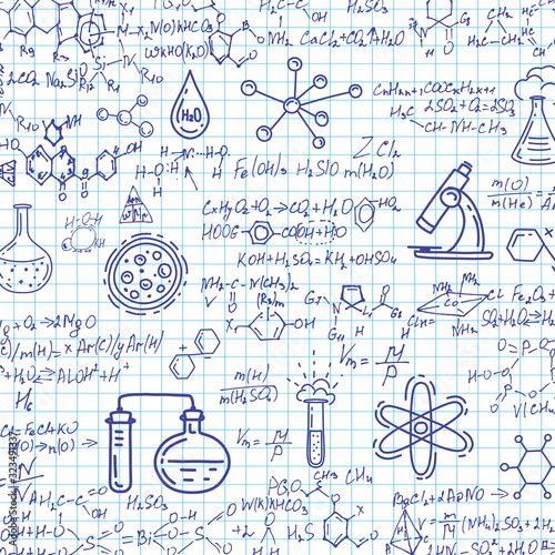 School chemical formulas .Notebook school paper.Handwritten formulas background.Letters and numbers .
