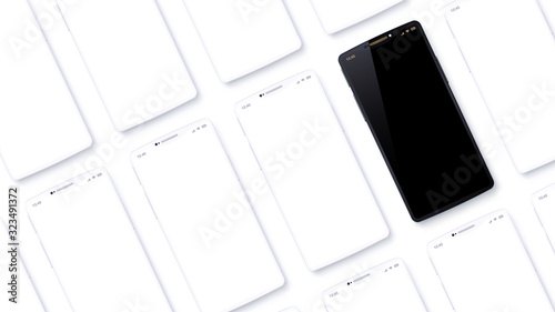 Rows of mobile phones are placed at an angle to the point of view. Vector set of imaginary smartphones. Black cell phone looks special among generic white devices. Angled flat lay. 3d realistic mockup
