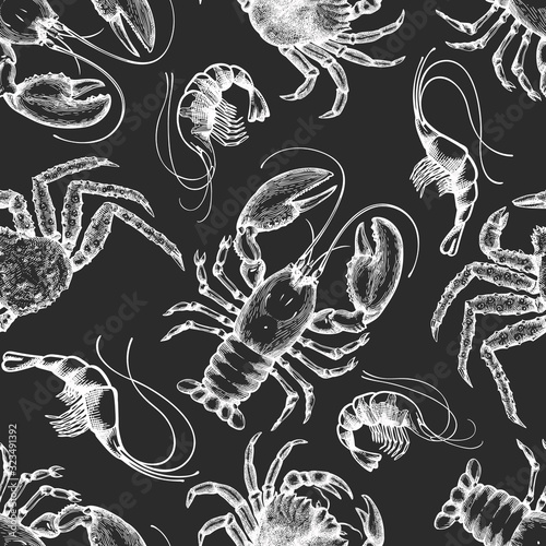 Seafood design template. Hand drawn vector seafood illustration on chalk board. Engraved style food banner. Retro sea animals background