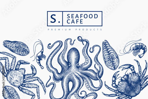 Seafood design template. Hand drawn vector seafood illustration. Engraved style food banner. Retro sea animals background