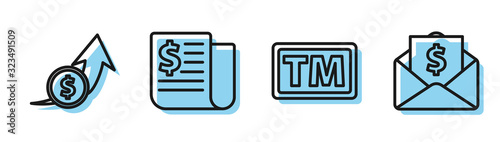 Set line Trademark, Financial growth and coin, Financial news and Envelope with coin dollar icon. Vector
