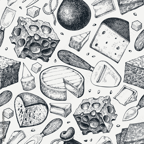 Cheese seamless pattern. Hand drawn vector dairy illustration. Engraved style different cheese kinds banner. Vintage food background.