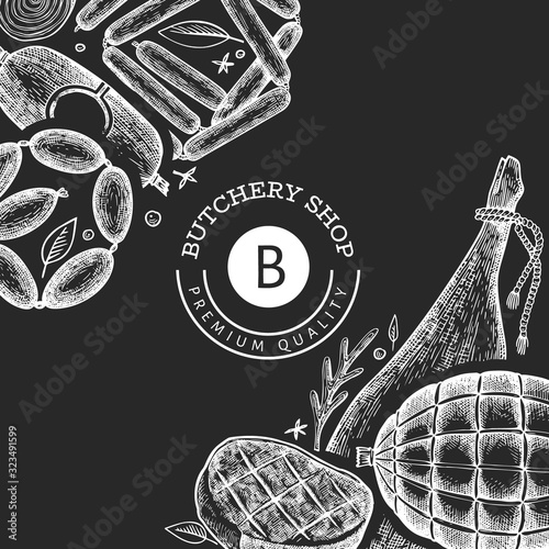 Vintage vector meat products design template. Hand drawn ham, sausages, jamon, spices and herbs. Retro illustration on chalk board. Can be use for restaurant menu. photo