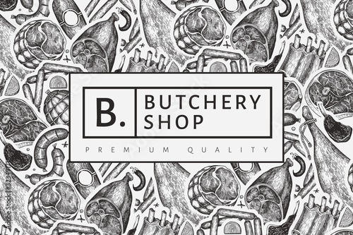Vintage vector meat products design template. Hand drawn ham, sausages, jamon, spices and herbs. Retro illustration. Can be use for restaurant menu.