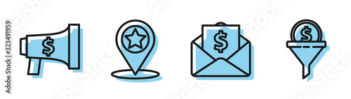 Set line Envelope with coin dollar, Megaphone and dollar, Map pointer with star and Lead management icon. Vector