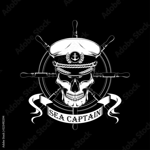 Vector black and white image of a skull in a cap of a sea captain.