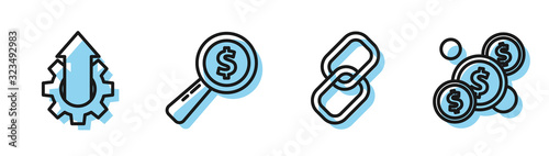 Set line Chain link, Arrow growth gear business, Magnifying glass and dollar and Coin money with dollar icon. Vector