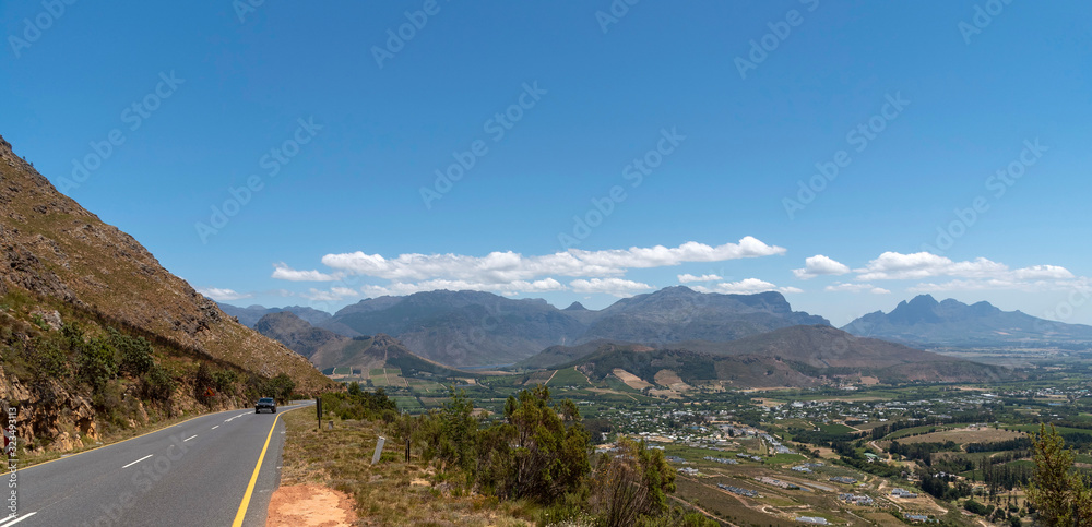 Franschhoek, Wesstern Cape, South Africa. Dec 2019. The Franschhoek Pass above the town and surrounding vineyards. The winelands region.