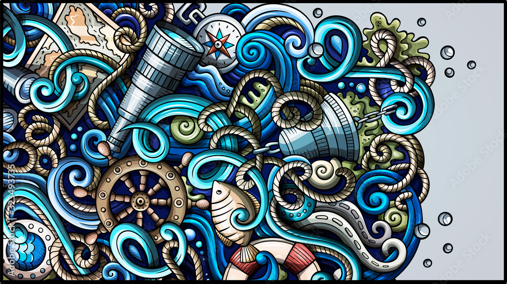 Nautical hand drawn doodle banner. Cartoon detailed flyer.