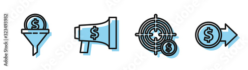 Set line Target with dollar symbol, Lead management, Megaphone and dollar and Coin money with dollar symbol icon. Vector