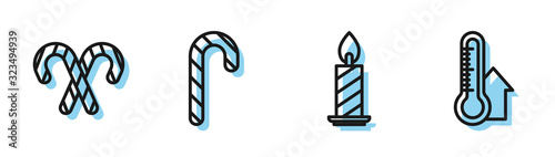 Set line Burning candle in candlestick, Christmas candy cane with stripes, Christmas candy cane with stripes and Meteorology thermometer measuring icon. Vector