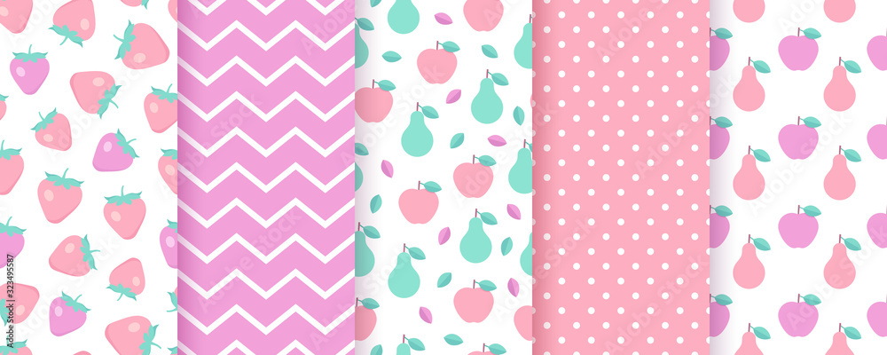 Scrapbook background. Vector. Seamless pattern. Cute summer print with polka dot, fruits, zigzag. Trendy texture. Wrapping paper for scrap design. Color illustration Geometric backdrop