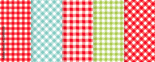 Plaid seamless pattern. Vector. Checkered texture. Picnic napkin. Tartan background. Set gingham pixel, buffalo textile prints. Geometric red white cloth. Abstract illustration. Simple trendy design.