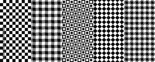 Chess seamless pattern. Vector. Plaid, checkered, square textures. Gingham pixel, buffalo textile background. Set retro tartan tile prints. Geometric black white simple design. Abstract illustration.
