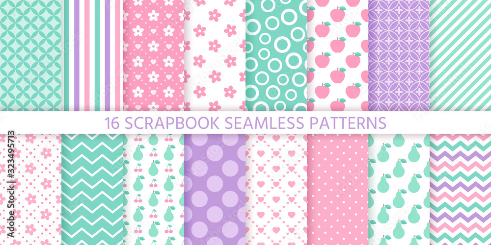 Scrapbook background, seamless pattern. Vector. Cute paper for scrap design. Chic print with flower, stripe, heart, polka dot, fruit, zigzag. Trendy texture. Color illustration. backdrop Stock Vector | Adobe Stock