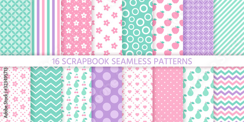 Scrapbook background, seamless pattern. Vector. Cute paper for scrap design. Chic print with flower, stripe, heart, polka dot, fruit, zigzag. Trendy texture. Color illustration. Geometric backdrop
