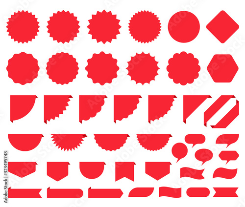 Price burst box. Starburst promo sticker. Vector. Round star icon. Set sale tag badges. Red circle, cloud, flag shapes. Sunburst label isolated on white background. Color illustration. Simple pricetag