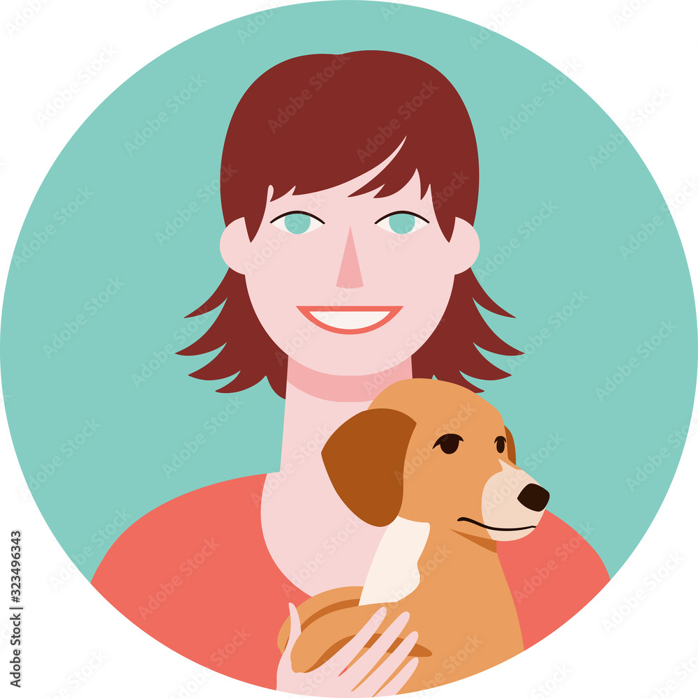 Circle vector icon with portrait of happy young woman in red shirt and little dog. Smiling girl with short hair and puppy Circle vector icon with portrait of happy young woman in red shirt and little dog. Smiling girl with short hair and puppy