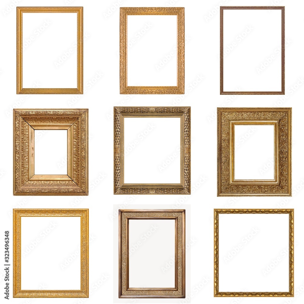 Set of golden frames for paintings, mirrors or photo isolated on white background Set of golden frames for paintings, mirrors or photo isolated on white background