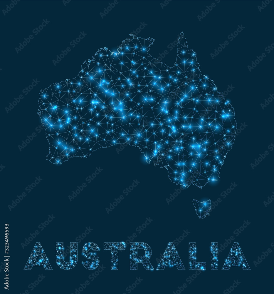 Australia network map. Abstract geometric map of the country. Internet connections and telecommunication design. Modern vector illustration.