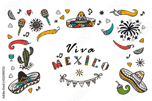 Viva Mexico Vector Greeting Card with Hand drawn doodle Sombrero, Cactus, Maracas, Sun, Pepper Chili, Nachos, Firework, Bunting Flags. Mexican holiday