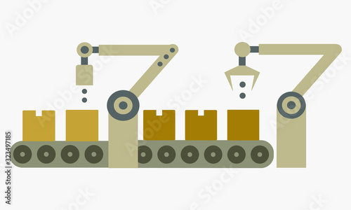 Atomated food production line concept. Conveyor belt production system. Thin line style illustration.