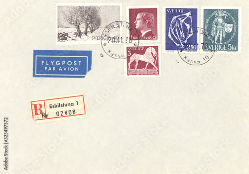 Luftpost airmail Umschlag envelope Schweden Sweden Sverige vintage retro alt old Einschreiben registered Winter Bäume Kasper Pferd König Profil Kunst art 1978 Eskistuna photo