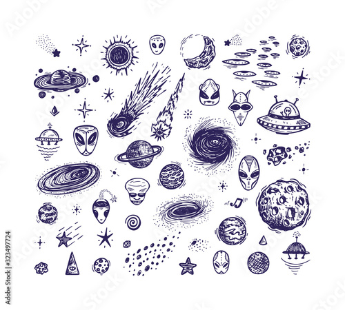 Outer Space Set. Cartoon Galaxy. Vector Universe. Hand Drawn Doodle Cosmic Space: Planets, Stars, UFO, Funny Aliens, Black Hole, Comets. Cosmos