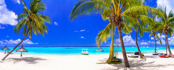 Deken met foto Palmboom Mauritius strand uitzicht door palmen turquoise water  © Freesurf