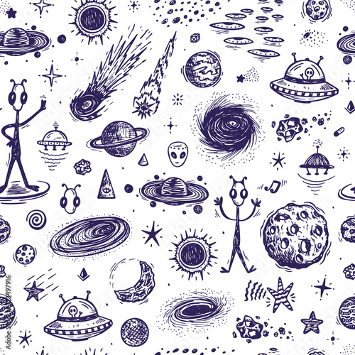 Cartoon Galaxy. Vector Universe. Outer Space Seamless pattern. Hand Drawn Doodle Cosmic Space: Planets, Stars, UFO, Funny Aliens, Black Hole, Comets. Cosmos Background