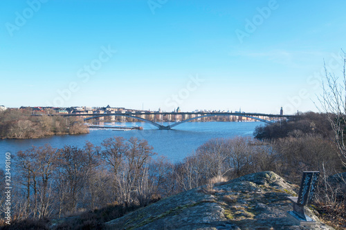 View from the hill on the island Långholmen over the bridge Västerbron and the districkt Kungsholmen in Stockholm a sunny winter day
