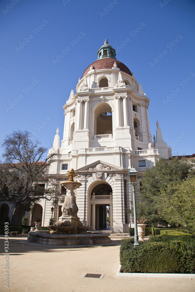Grand entrance to the historic Pasadena city hall building in southern California.