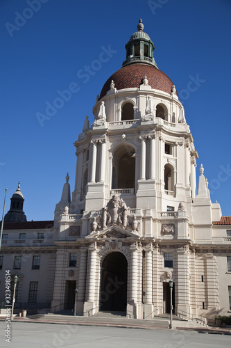 Grand entrance to the historic Pasadena city hall building in southern California.