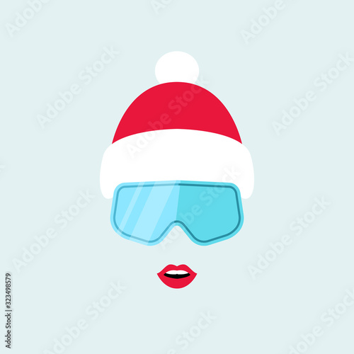 Girl in ski goggles and winter red hat. Women snowboarder  modern flat design vector illustration.
