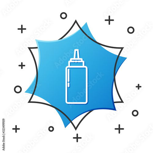 White line Sauce bottle icon isolated on white background. Ketchup, mustard and mayonnaise bottles with sauce for fast food. Blue hexagon button. Vector Illustration