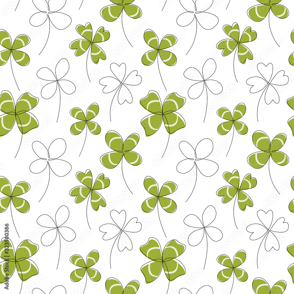 Seamless pattern with continuous line clovers. Vector line art. Happy St. Patrick's Day. Perfect for card, invitation, poster, print, wrapping paper, packaging design