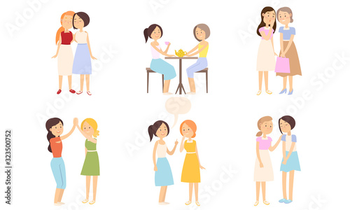 Girls best friends in different situations vector illustration