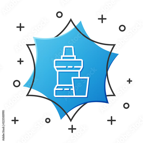 White line Mouthwash plastic bottle and glass icon isolated on white background. Liquid for rinsing mouth. Oralcare equipment. Blue hexagon button. Vector Illustration