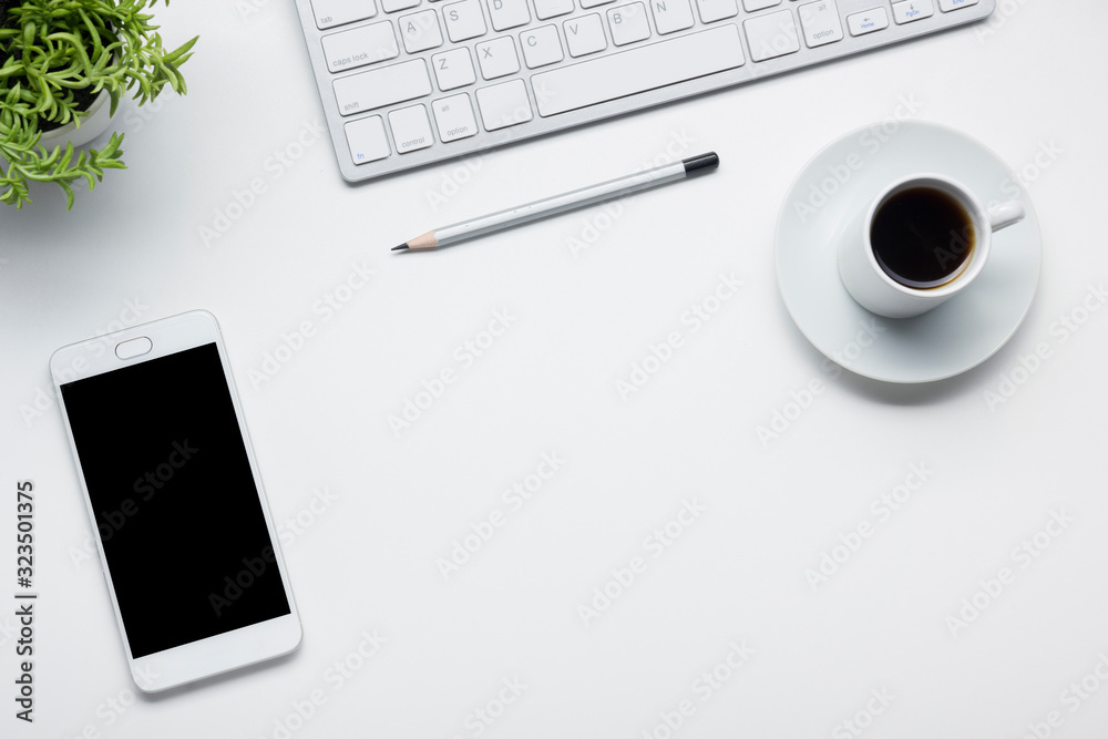 Office desk table with supplies. Flat lay Business workplace and objects. Top view. Copy space for text Office desk table with supplies. Flat lay Business workplace and objects. Top view. Copy space for text
