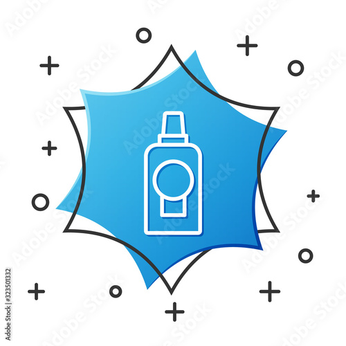 White line Mouthwash plastic bottle icon isolated on white background. Liquid for rinsing mouth. Oralcare equipment. Blue hexagon button. Vector Illustration