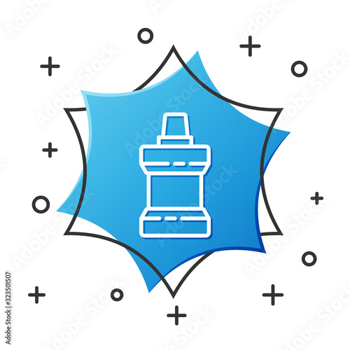 White line Mouthwash plastic bottle icon isolated on white background. Liquid for rinsing mouth. Oralcare equipment. Blue hexagon button. Vector Illustration